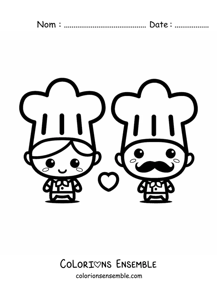 Image à colorier d’un couple de cuisiniers kawaii tout tendres