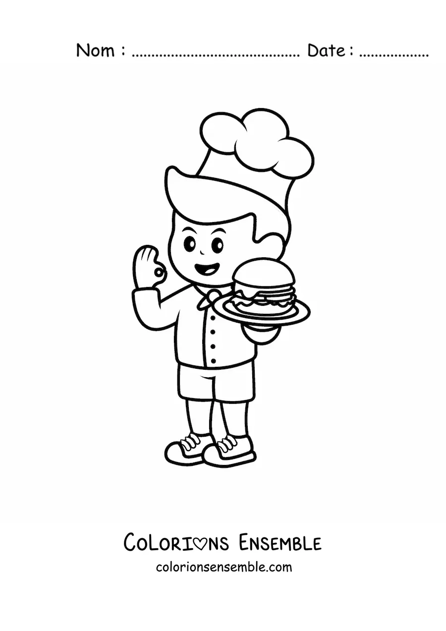 Image à colorier d’un cuisinier kawaii avec un hamburger