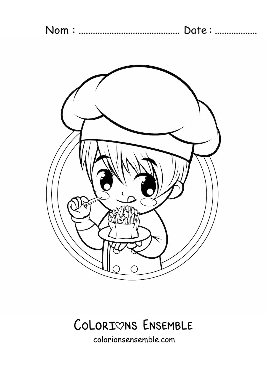 Image à colorier d’un garçon cuisinier kawaii qui mange des frites
