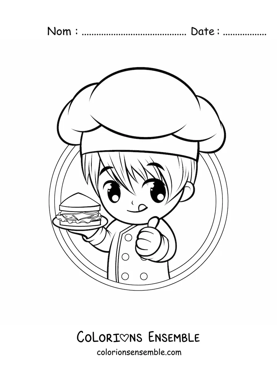 Image à colorier d’un garçon cuisinier kawaii avec un sandwich