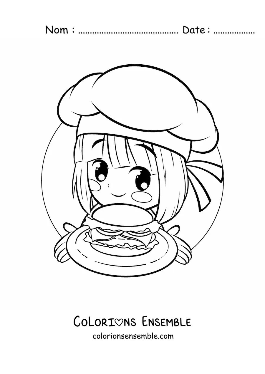Image à colorier d’une fille cuisinière kawaii avec un hamburger