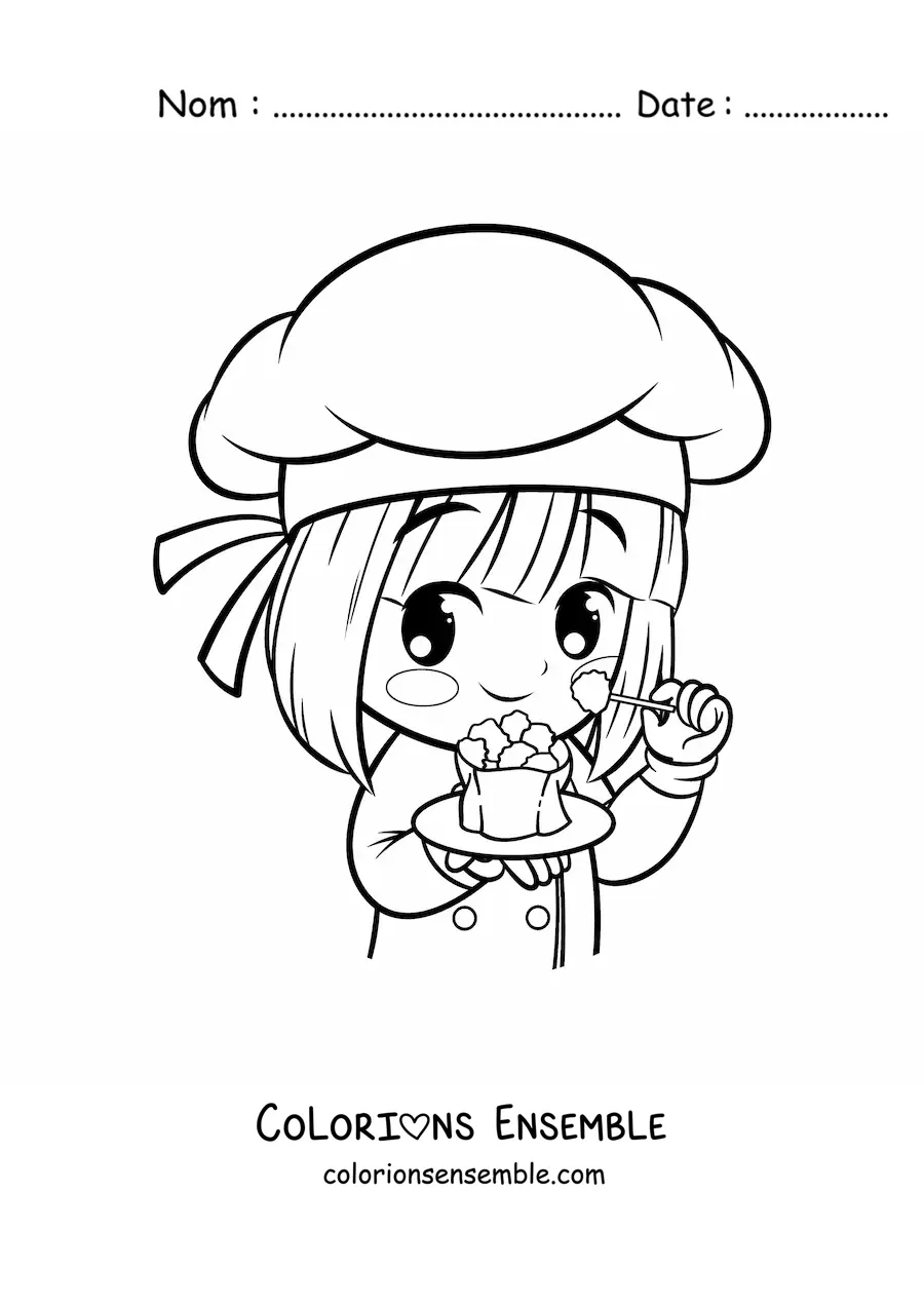 Image à colorier d’une fille cuisinière kawaii avec un plat de nourriture