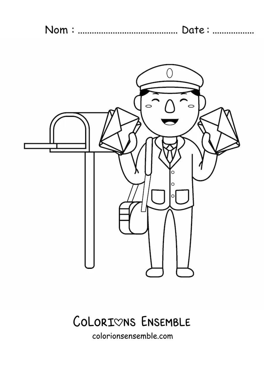 Image à colorier d’un facteur kawaii avec des lettres, à côté de la boîte aux lettres