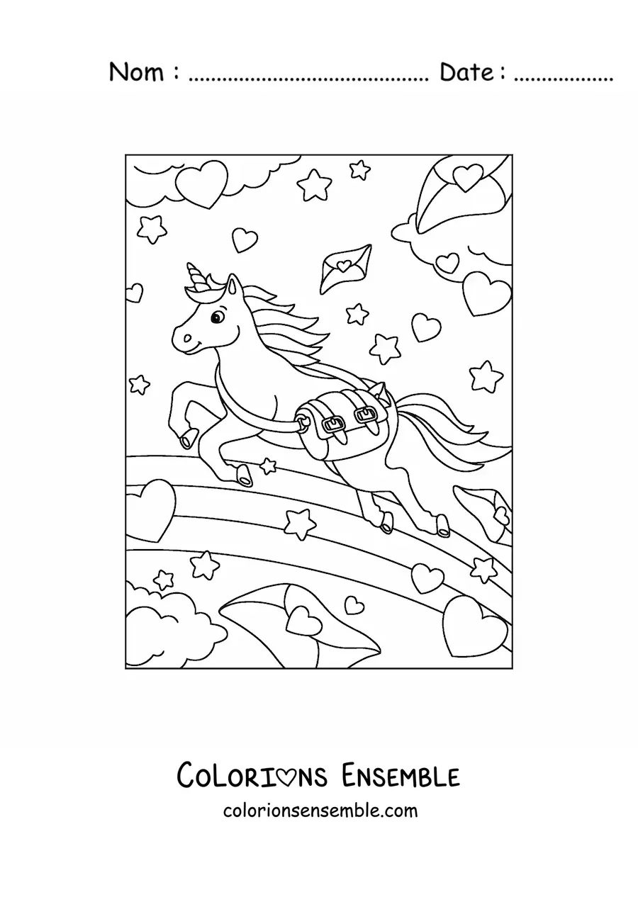Image à colorier d’une licorne factrice kawaii animée