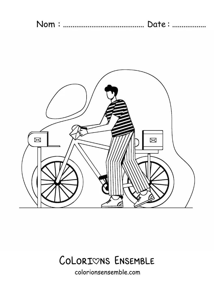 Image à colorier d’un facteur à vélo qui livre des lettres