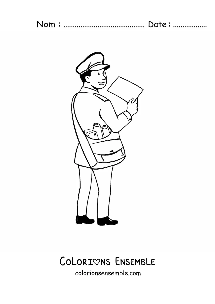 Image à colorier façon dessin animé d’un facteur qui livre le courrier
