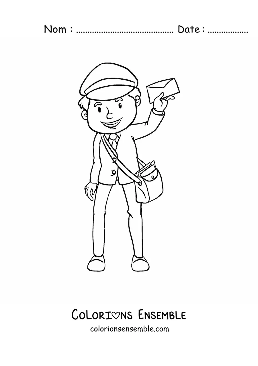 Image à colorier d’un facteur animé avec une lettre