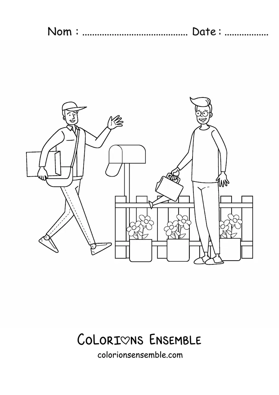 Image à colorier d’un facteur qui dépose le courrier dans la boîte aux lettres