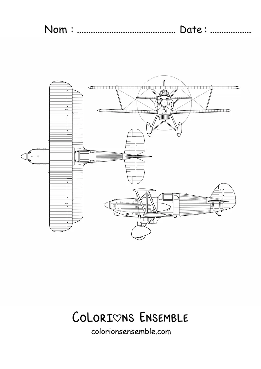 Image à colorier d'un avion de chasse tchécoslovaque Avia B534 sous différents angles