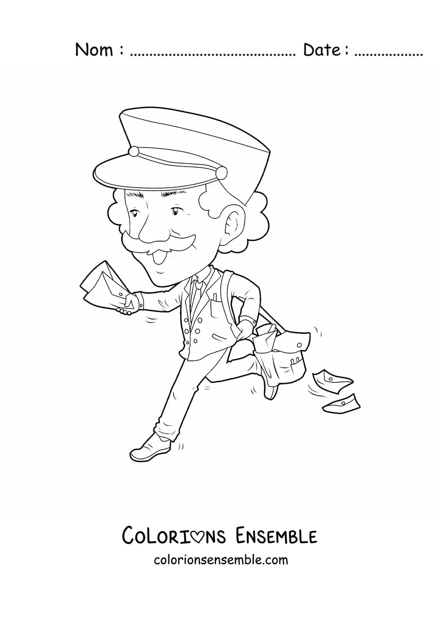 Image à colorier façon dessin animé d’un facteur en train de courir
