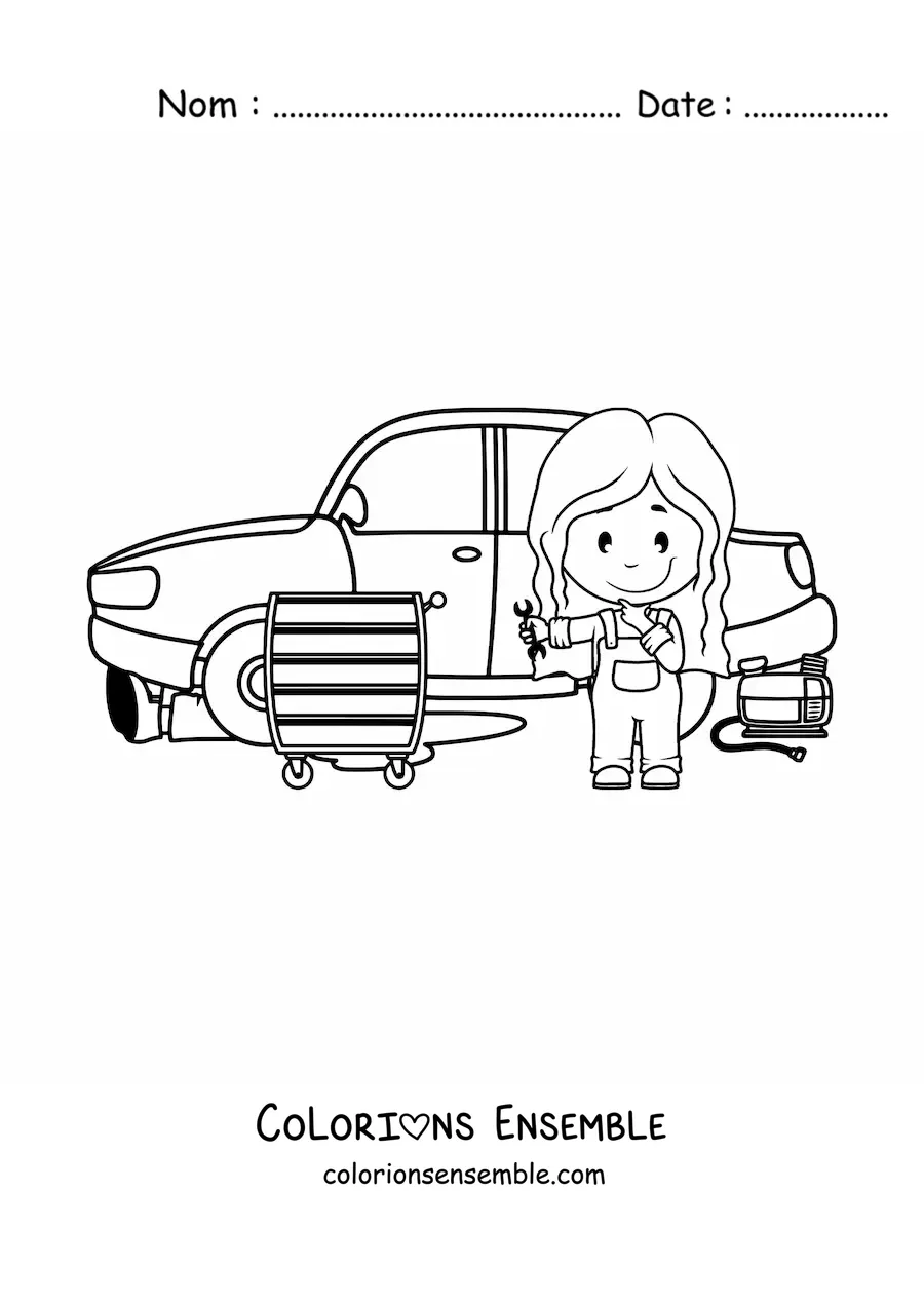 Image à colorier d’une fille mécanicienne animée qui répare une voiture