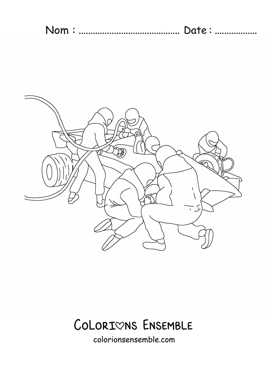 Image à colorier de mécaniciens qui travaillent aux stands