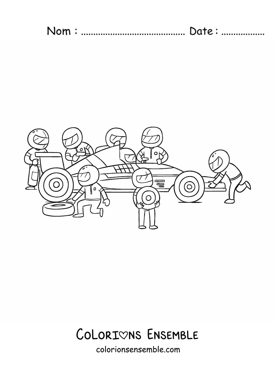 Image à colorier de mécaniciens qui réparent une voiture de Formule 1