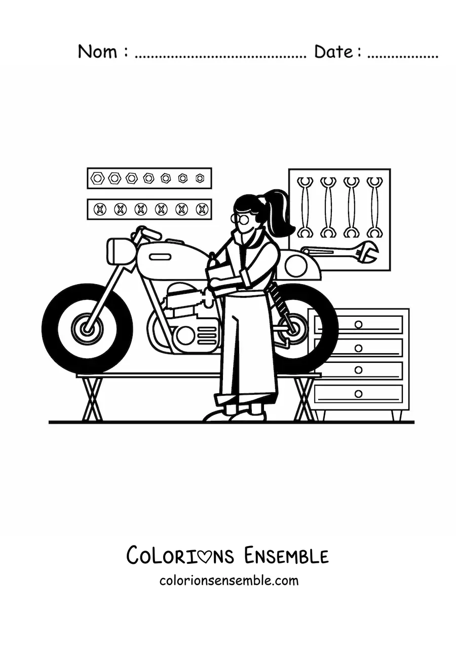 Image à colorier d’une femme qui exerce le métier de mécanicienne dans son atelier avec une moto
