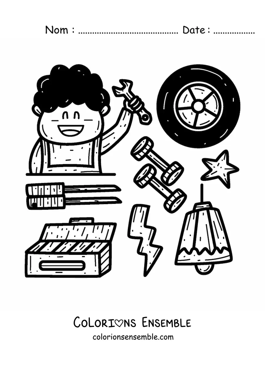 Image à colorier d’un mécanicien automobile animé avec ses outils