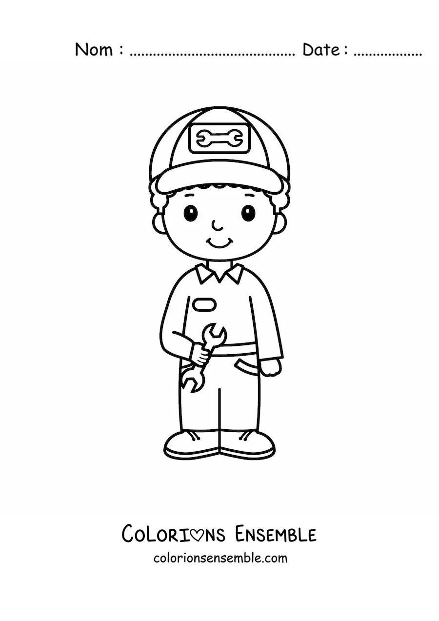 Image à colorier d’un garçon kawaii qui exerce le métier de mécanicien automobile