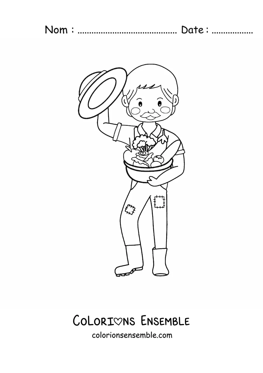 Image à colorier d’un agriculteur kawaii avec des fruits récoltés