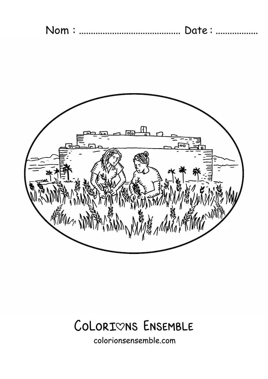 Image à colorier de femmes qui cueillent des fruits dans une ferme