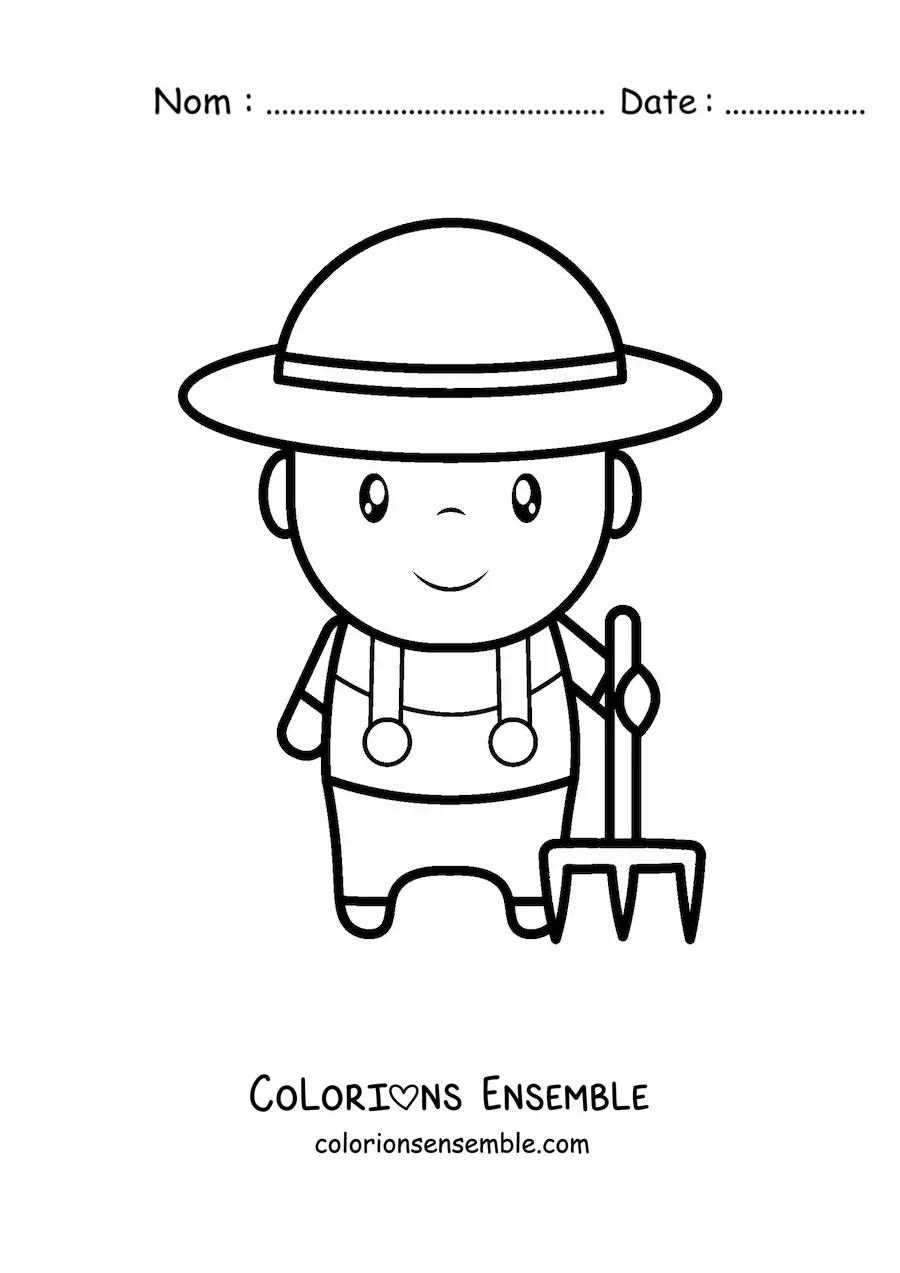 Image à colorier d’un agriculteur kawaii avec une fourche