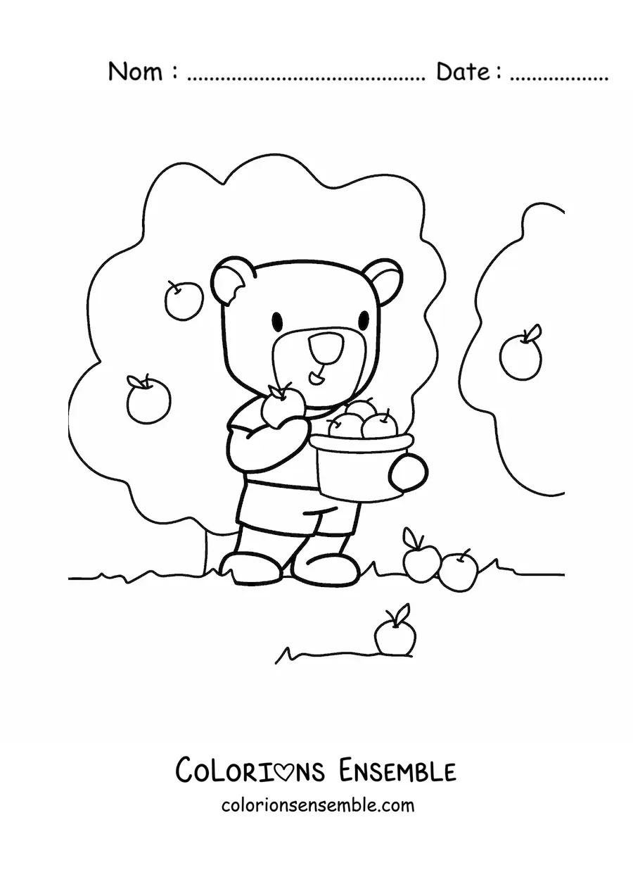 Image à colorier d’un ours animé qui cueille des pommes dans une ferme