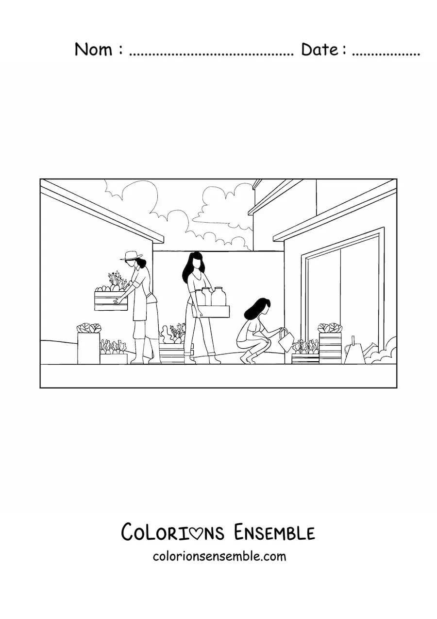 Image à colorier de femmes qui réalisent des activités agricoles