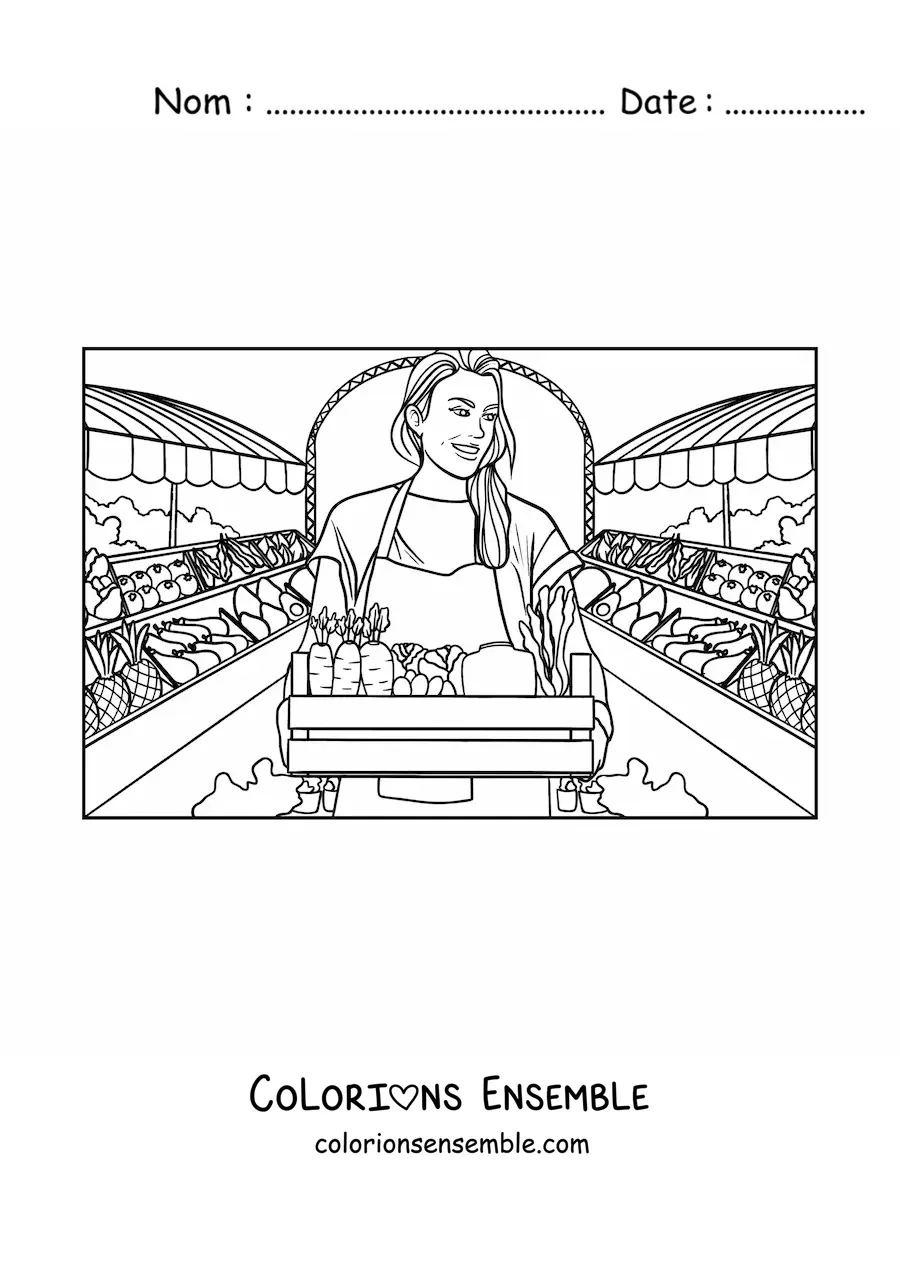 Image à colorier d’une fille qui apporte les fruits de sa récolte au marché