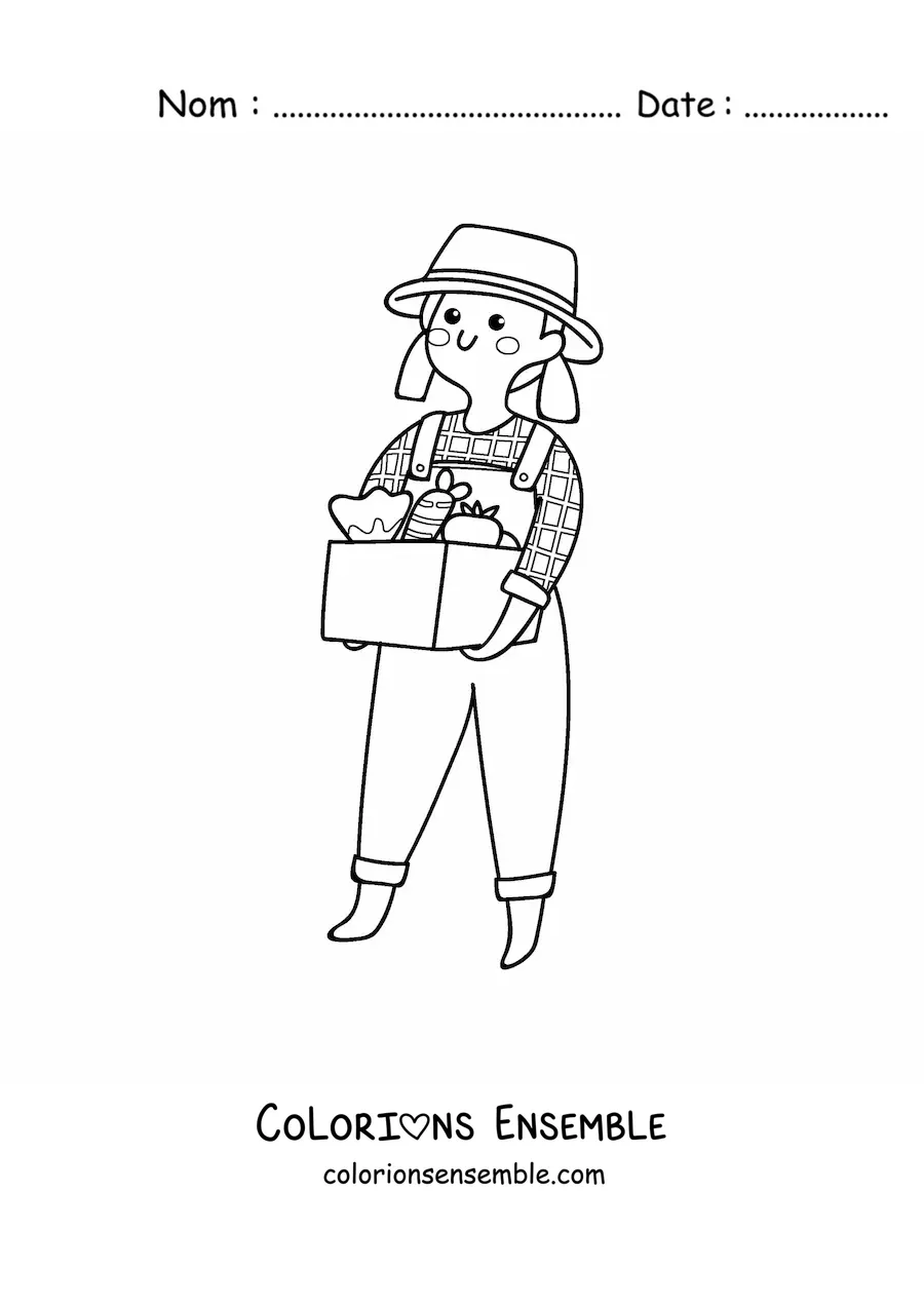 Image à colorier d’une agricultrice kawaii avec des fruits récoltés