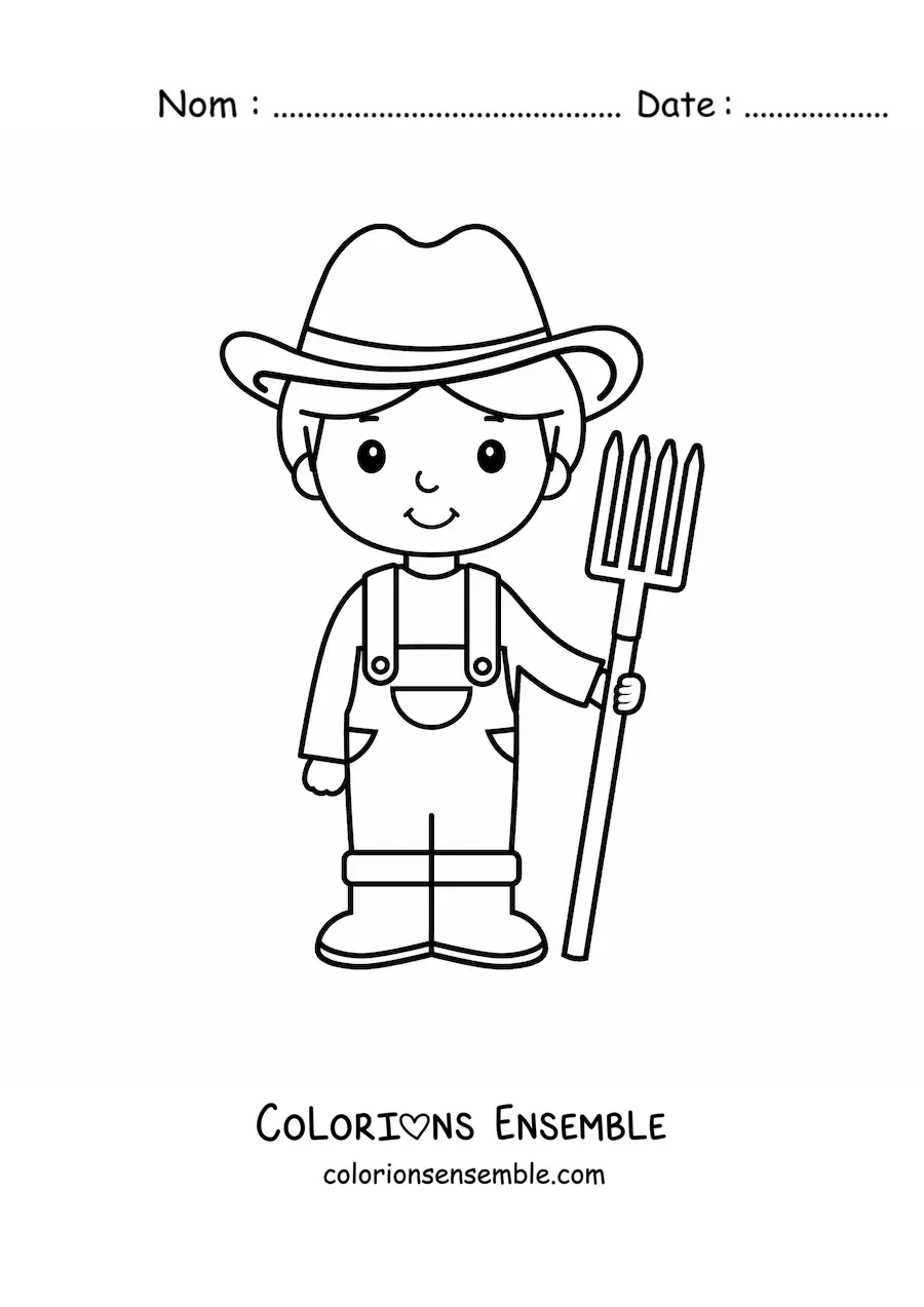 Image à colorier d'un petit agriculteur kawaii tout mignon tenant une fourche