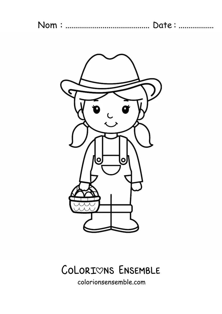 Image à colorier d'une petite agricultrice kawaii toute mignonne tenant une fourche