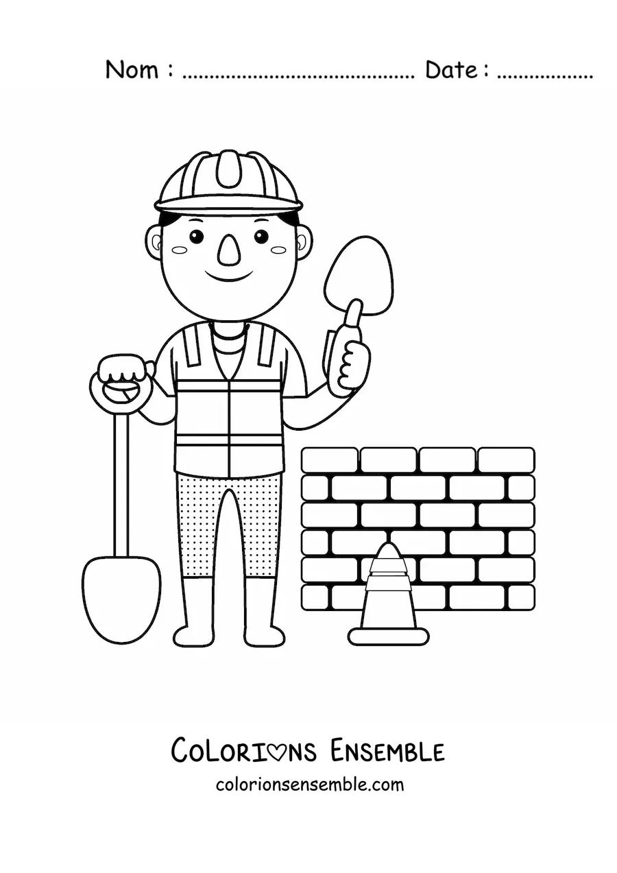 Image à colorier d'un maçon en train de construire un mur