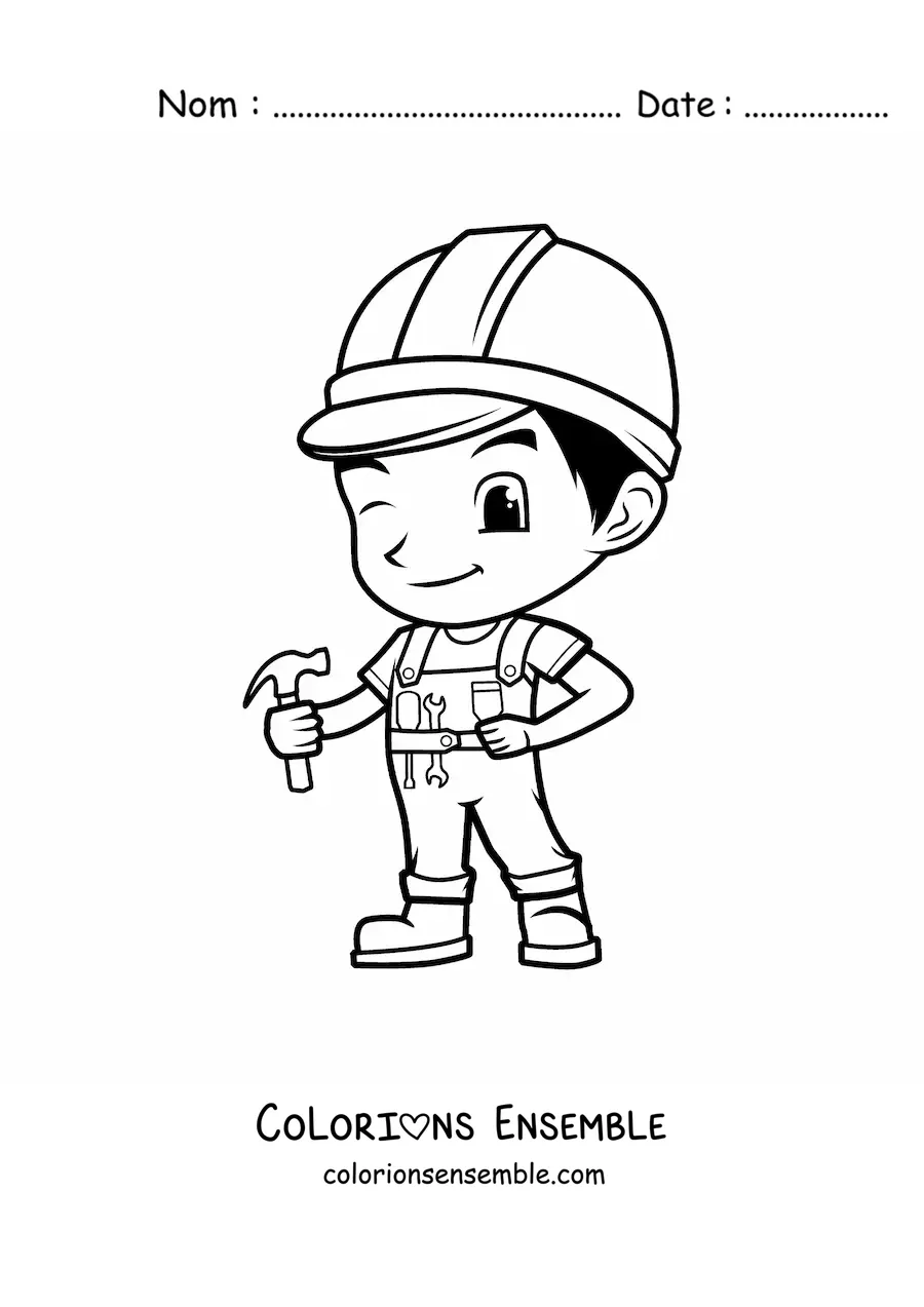 Image à colorier d'un ouvrier du bâtiment kawaii tout mignon