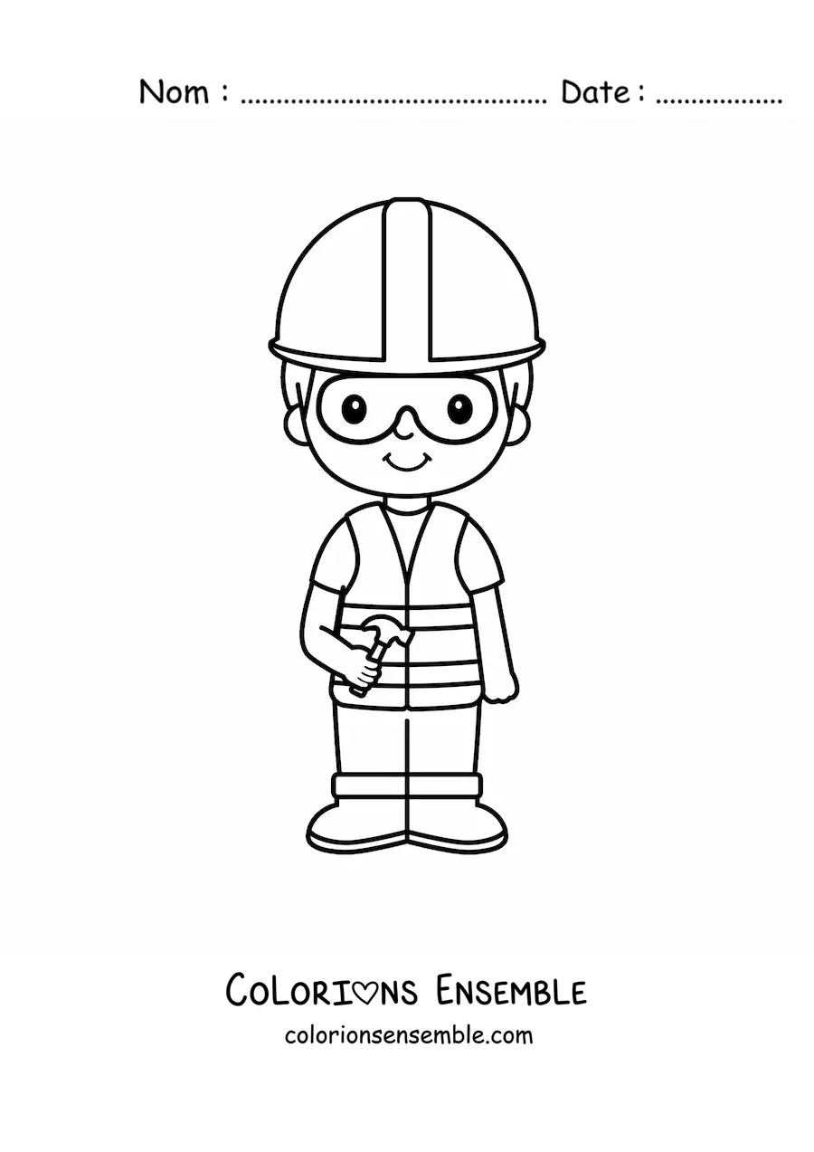 Image à colorier d'un petit maçon kawaii avec un casque et un marteau
