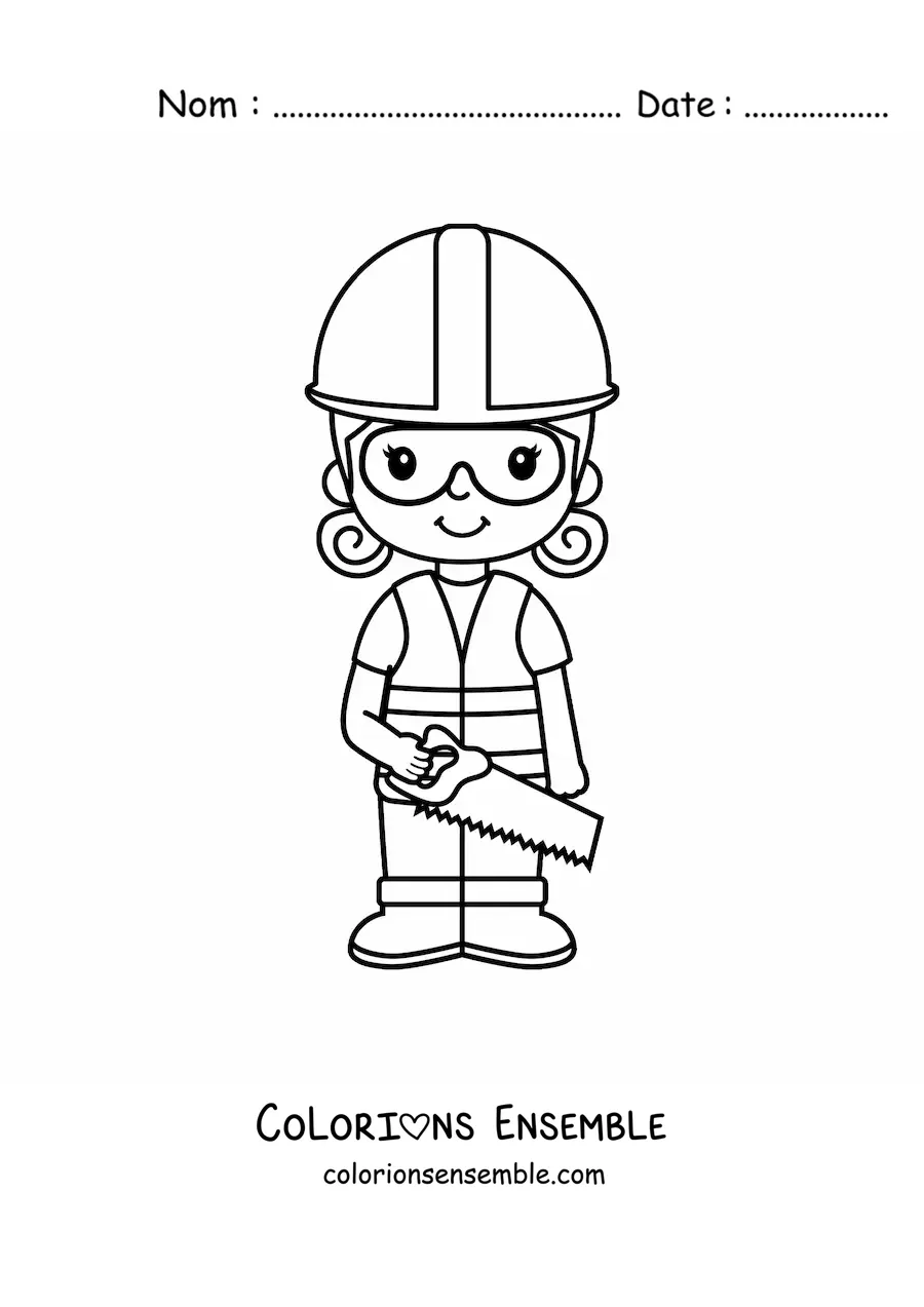 Image à colorier d'une petite maçonne kawaii avec un casque et une scie