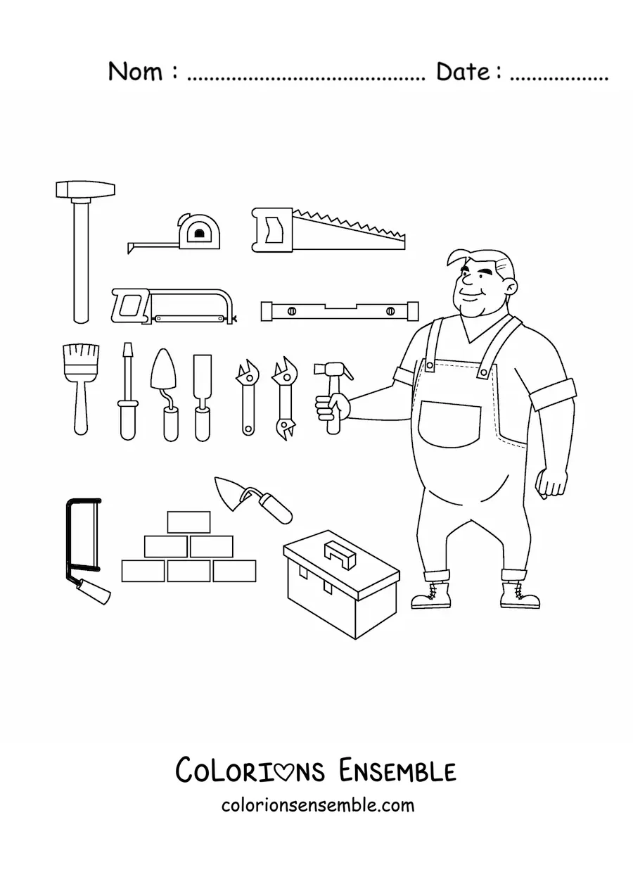 Image à colorier d'un maçon avec ses outils de construction