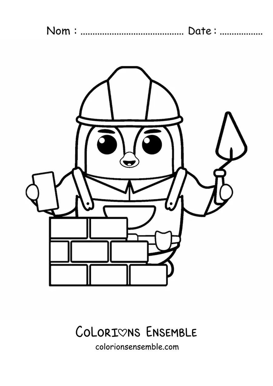 Image à colorier d'un pingouin maçon qui construit un mur avec des briques et du ciment