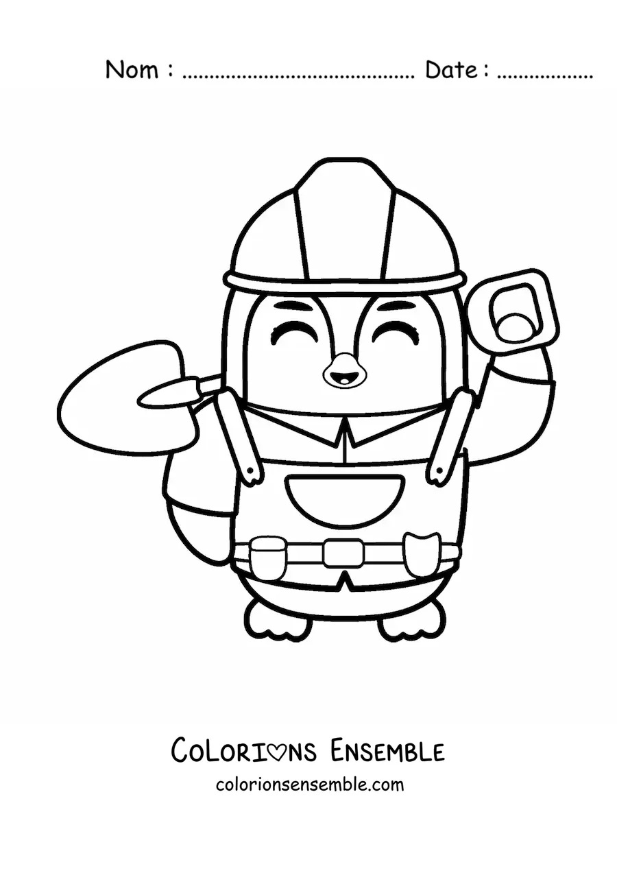 Image à colorier d'un pingouin maçon kawaii tout mignon avec une pelle