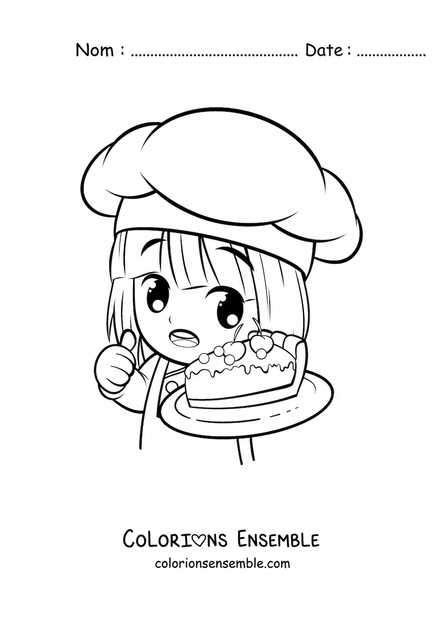 Image à colorier d'une cheffe pâtissière kawaii toute mignonne avec une part de gâteau
