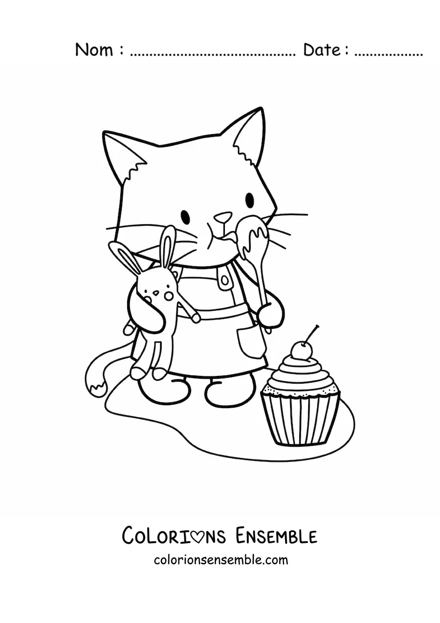 Image à colorier d'un petit chat pâtissier kawaii tout mignon avec un cupcake