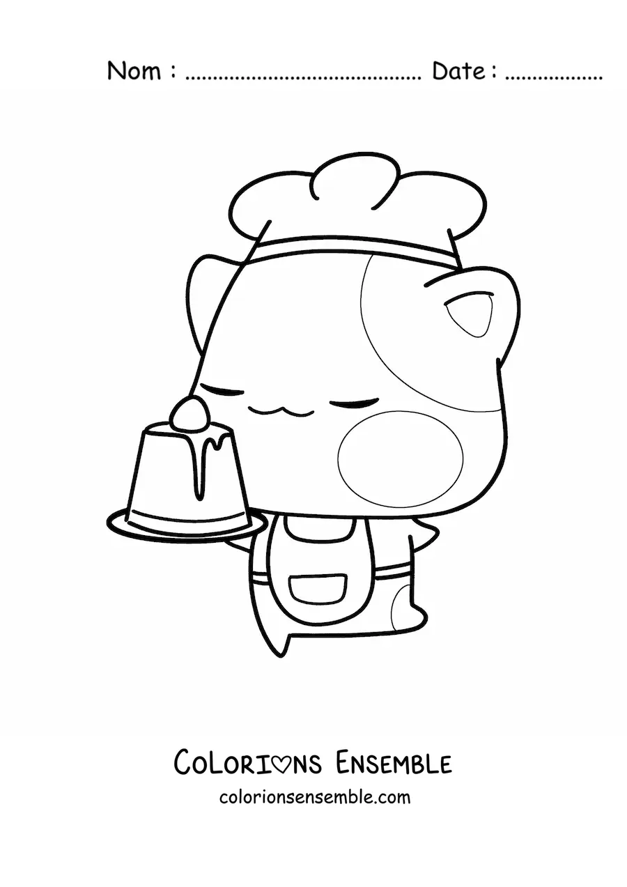 Image à colorier d'un petit chat pâtissier kawaii tout mignon avec un dessert