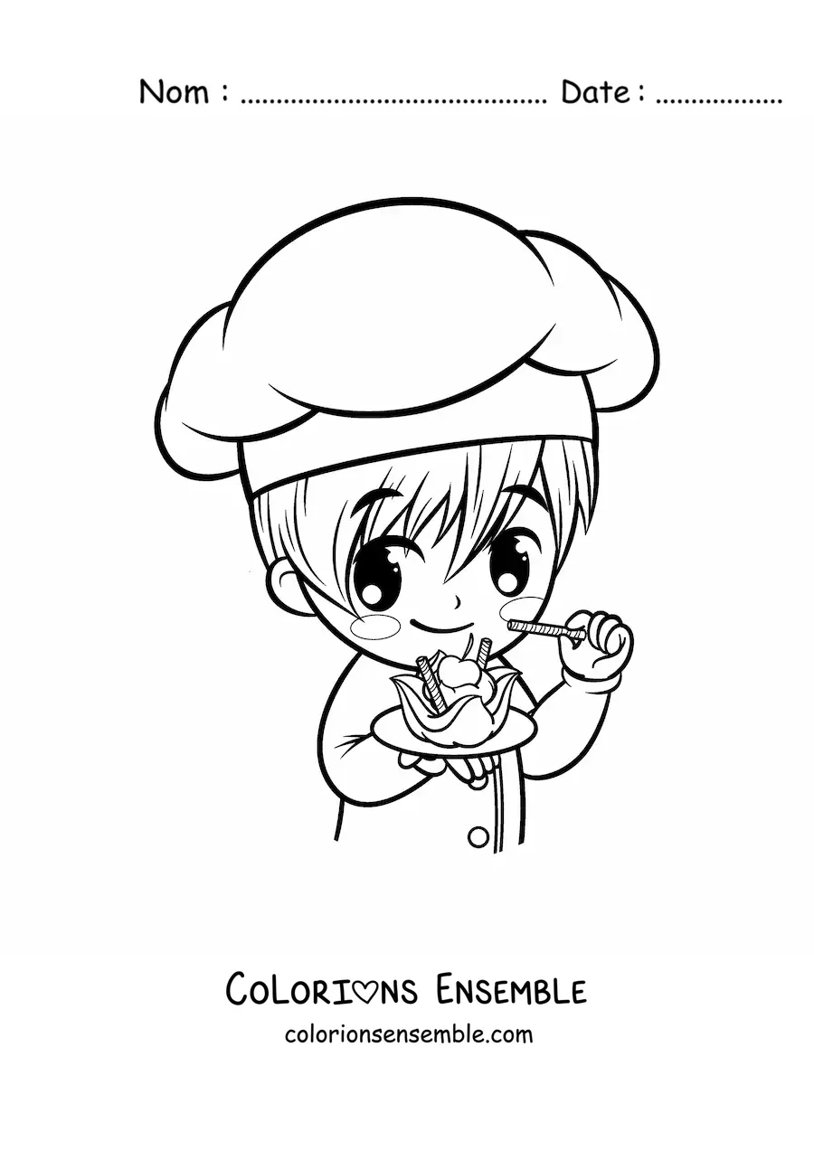 Image à colorier d'un chef pâtissier kawaii tout mignon avec un dessert