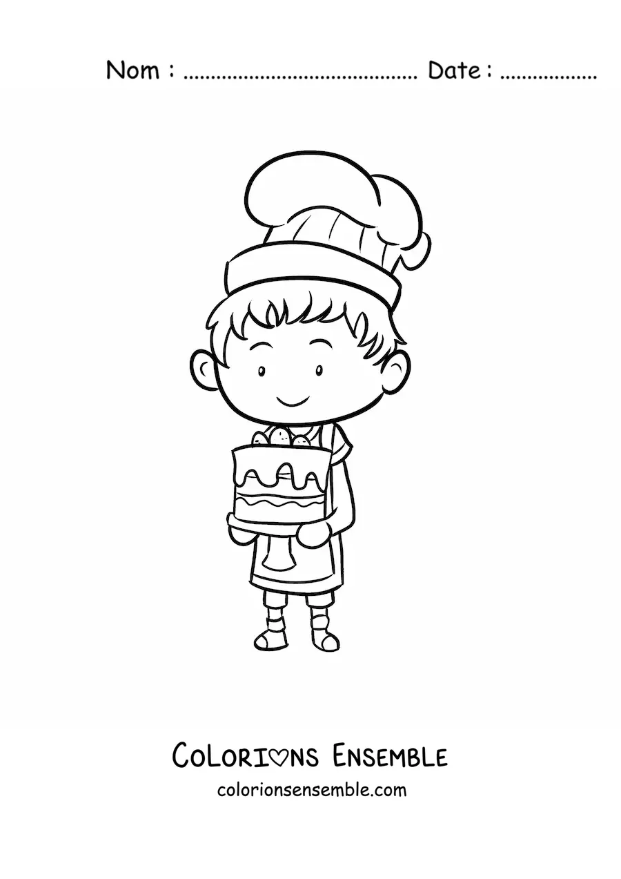 Image à colorier d'un petit pâtissier kawaii tout mignon avec un gâteau
