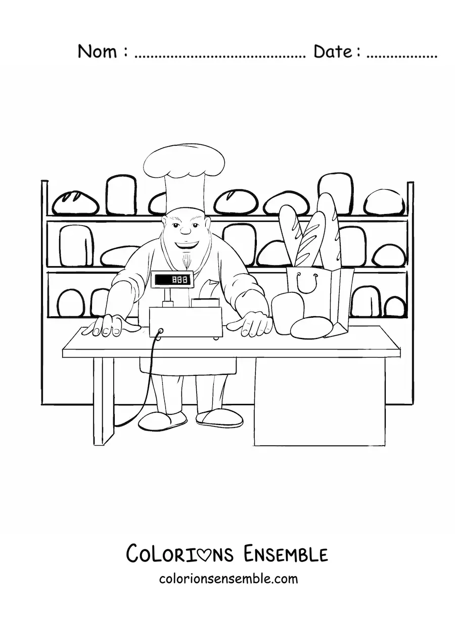 Image à colorier d'un chef pâtissier et d'un boulanger dans la boulangerie