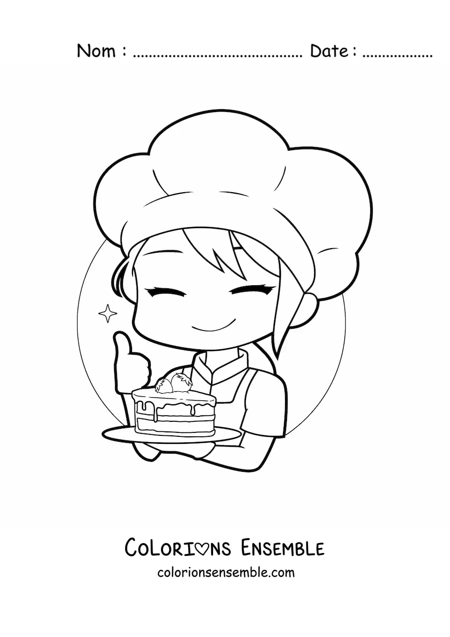 Image à colorier d'une petite pâtissière kawaii avec une part de gâteau