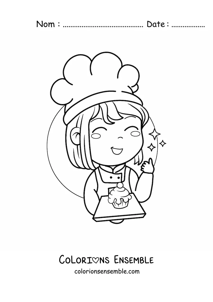 Image à colorier d'une petite pâtissière kawaii avec un cupcake