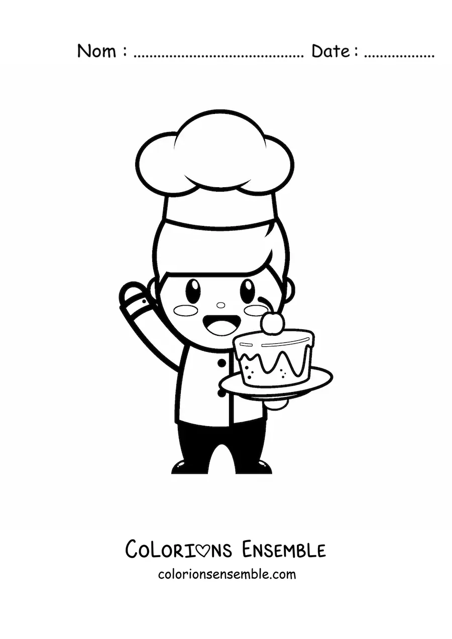 Image à colorier toute simple d'un chef pâtissier kawaii avec un gâteau