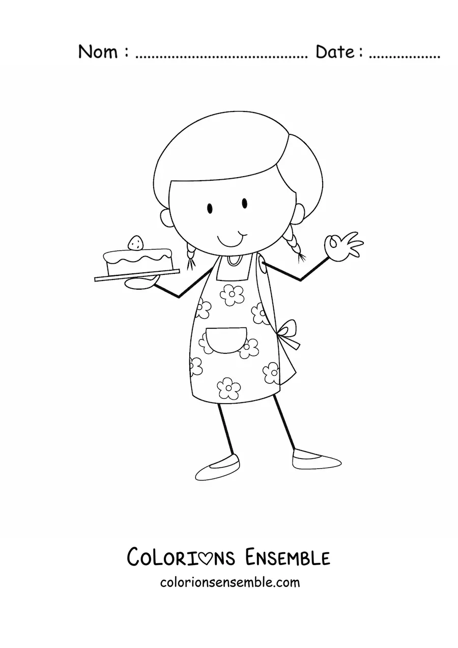 Image à colorier d'une petite fille qui exerce le métier de pâtissière avec un gâteau