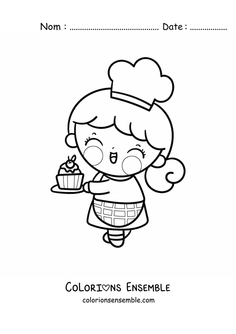Image à colorier d'une petite pâtissière kawaii avec un cupcake