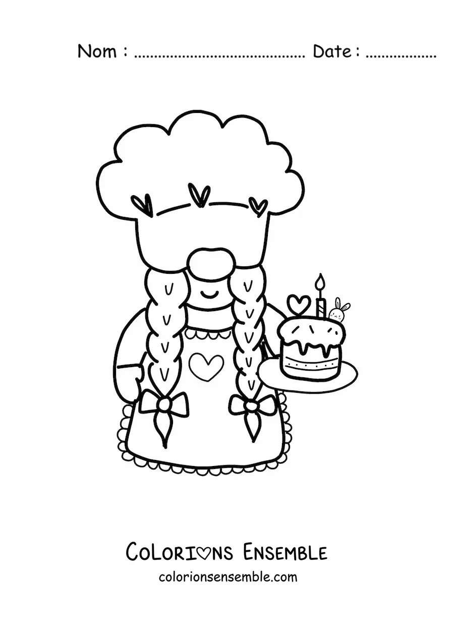 Image à colorier d'un gnome pâtissier kawaii avec un gâteau d'anniversaire