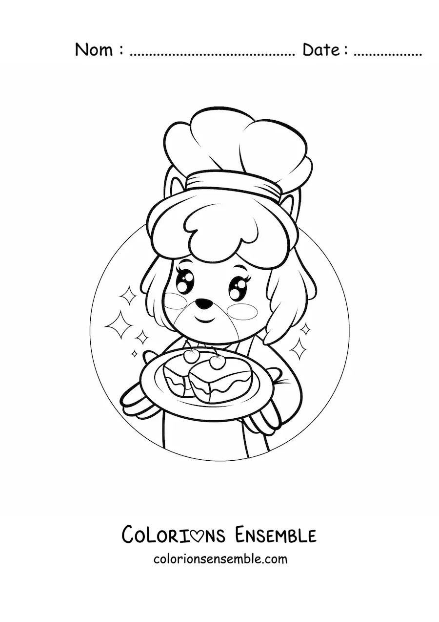Image à colorier d'un chien pâtissier kawaii tout mignon avec une sucrerie