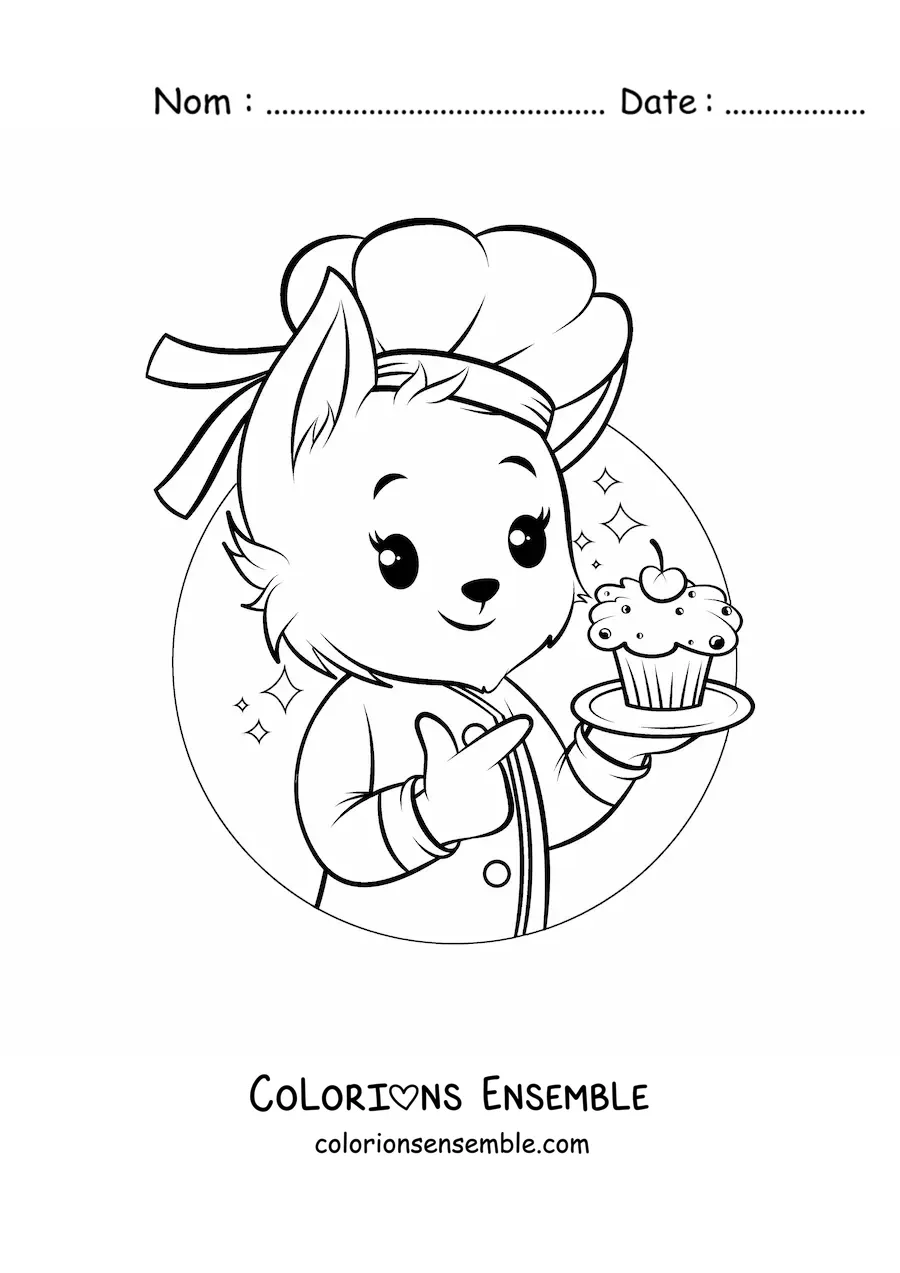 Image à colorier d'un chien pâtissier kawaii tout mignon avec un cupcake